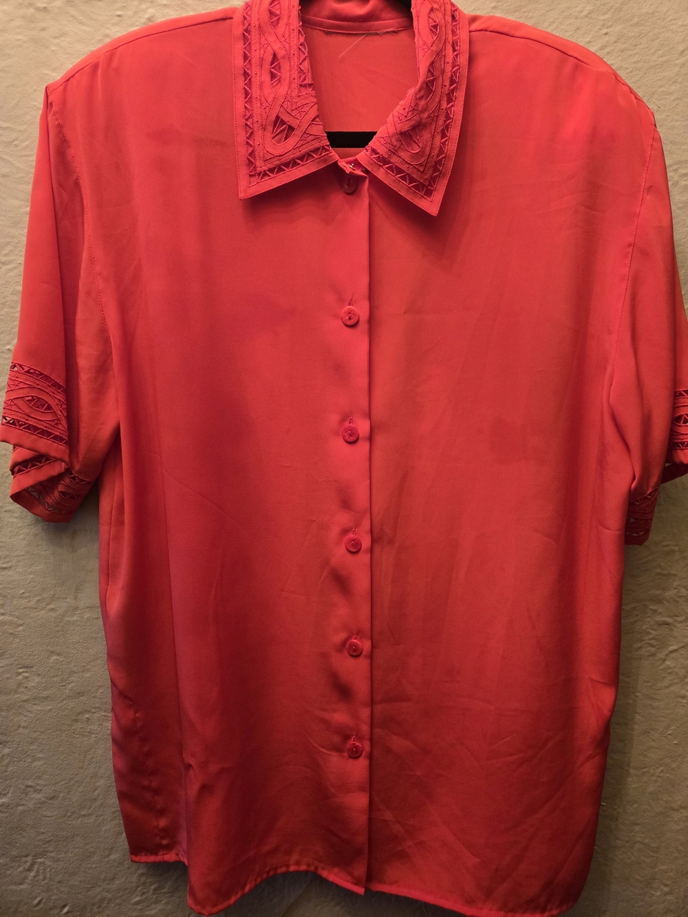Vintage Red Cutout Collar Shoulder Pad Blouse Women’s 80s Secretary Statement - Picture 2 of 7